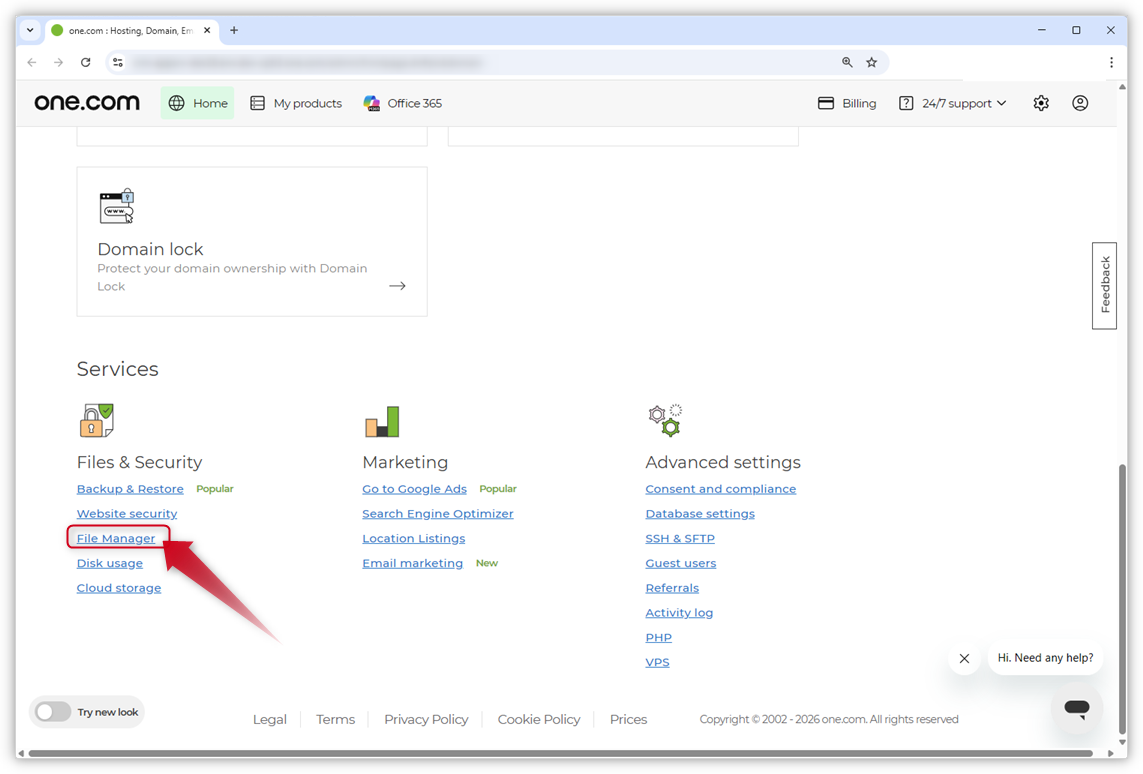 pantalla del Panel de control de one.com. Una flecha roja apunta al File Manager en Archivos y seguridad.