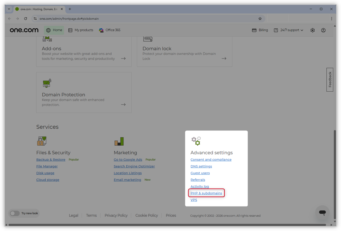 Screenshot showing where to click in the Control Panel to find Subdomains.
