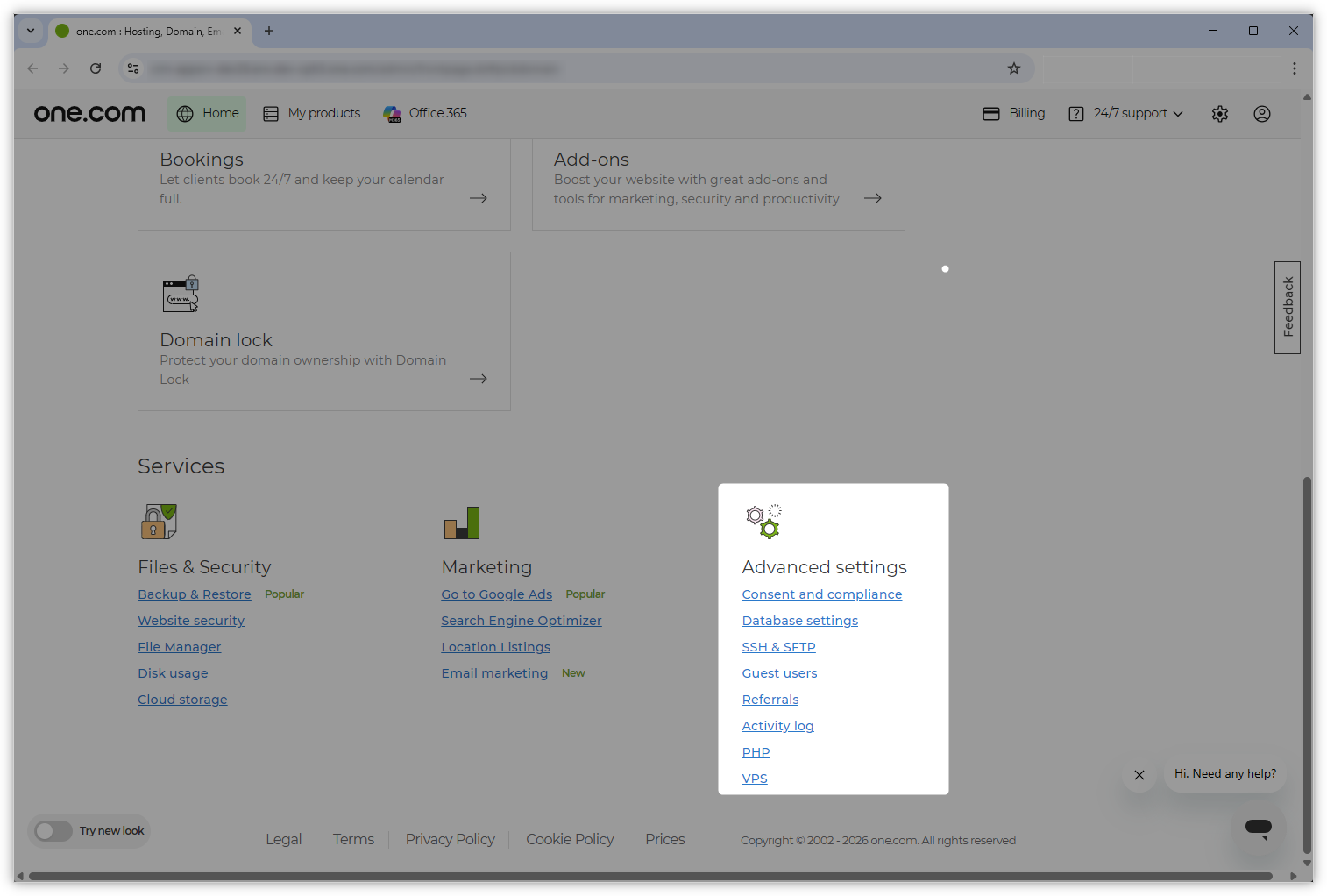 Screenshot of the Control Panel highlighting the Advanced settings section.