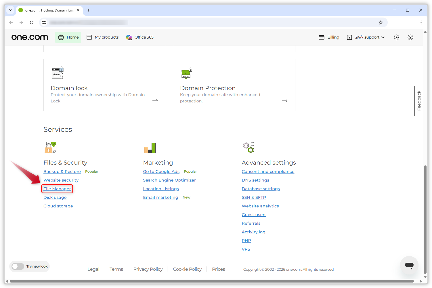 Skærmbillede af startsiden for kontrolpanelet. En rød pil peger på "File Manager" under "Files & Security".