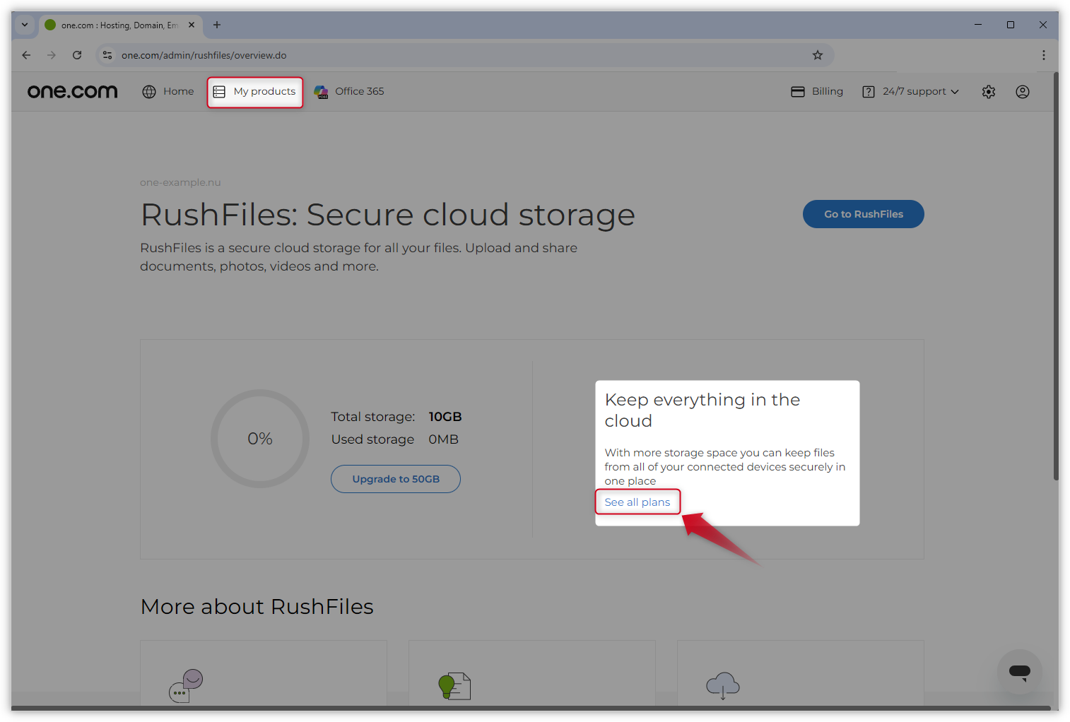 Screenshot der Seite "RushFiles: Secure Cloud Storage" im Kontrollpanel. Ein roter Pfeil zeigt auf "Alle Pakete ansehen".