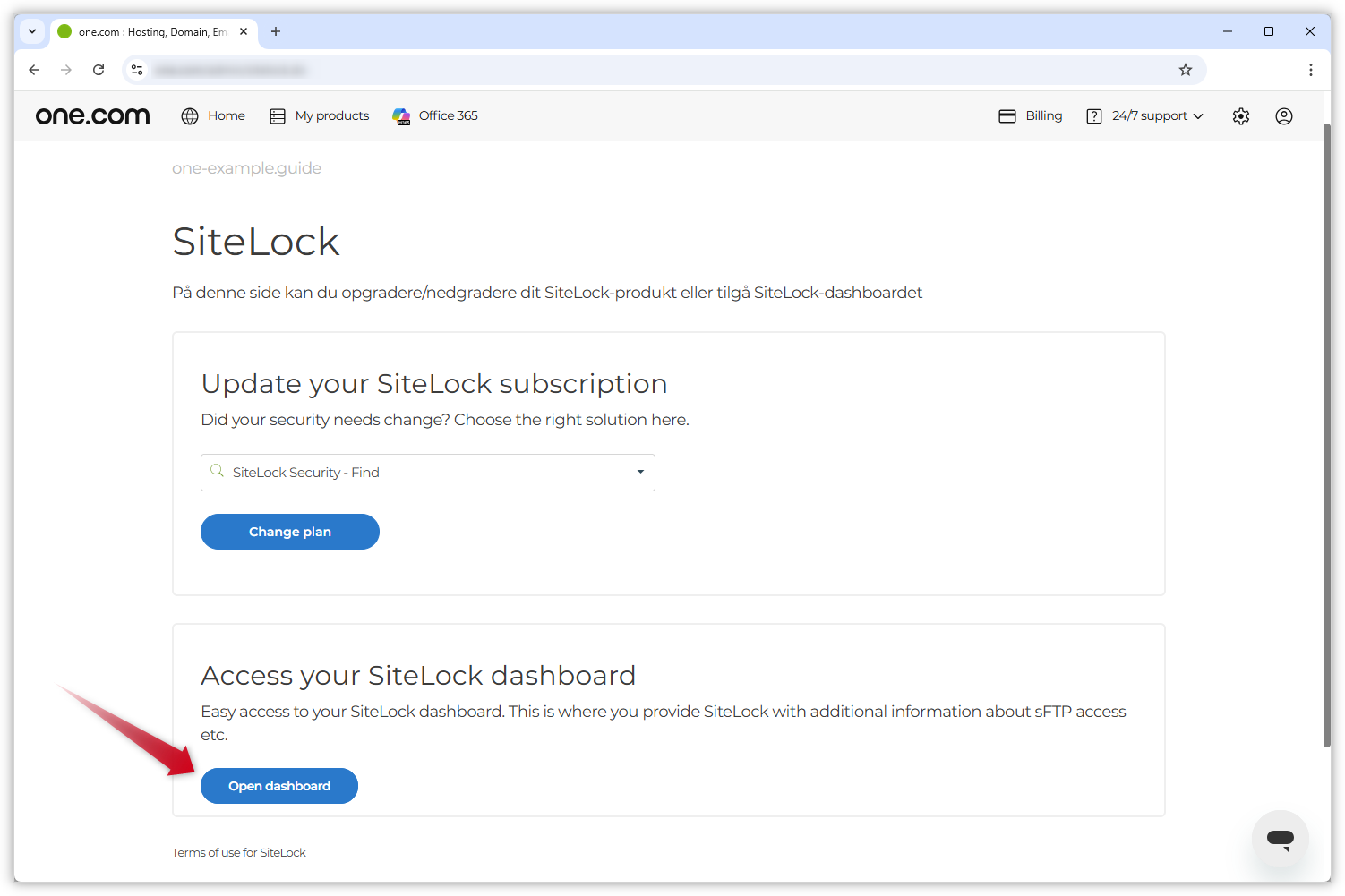 Screenshot van de SiteLock-pagina in het Configuratiescherm. Een rode pijl wijst naar de knop 'Dashboard openen'.