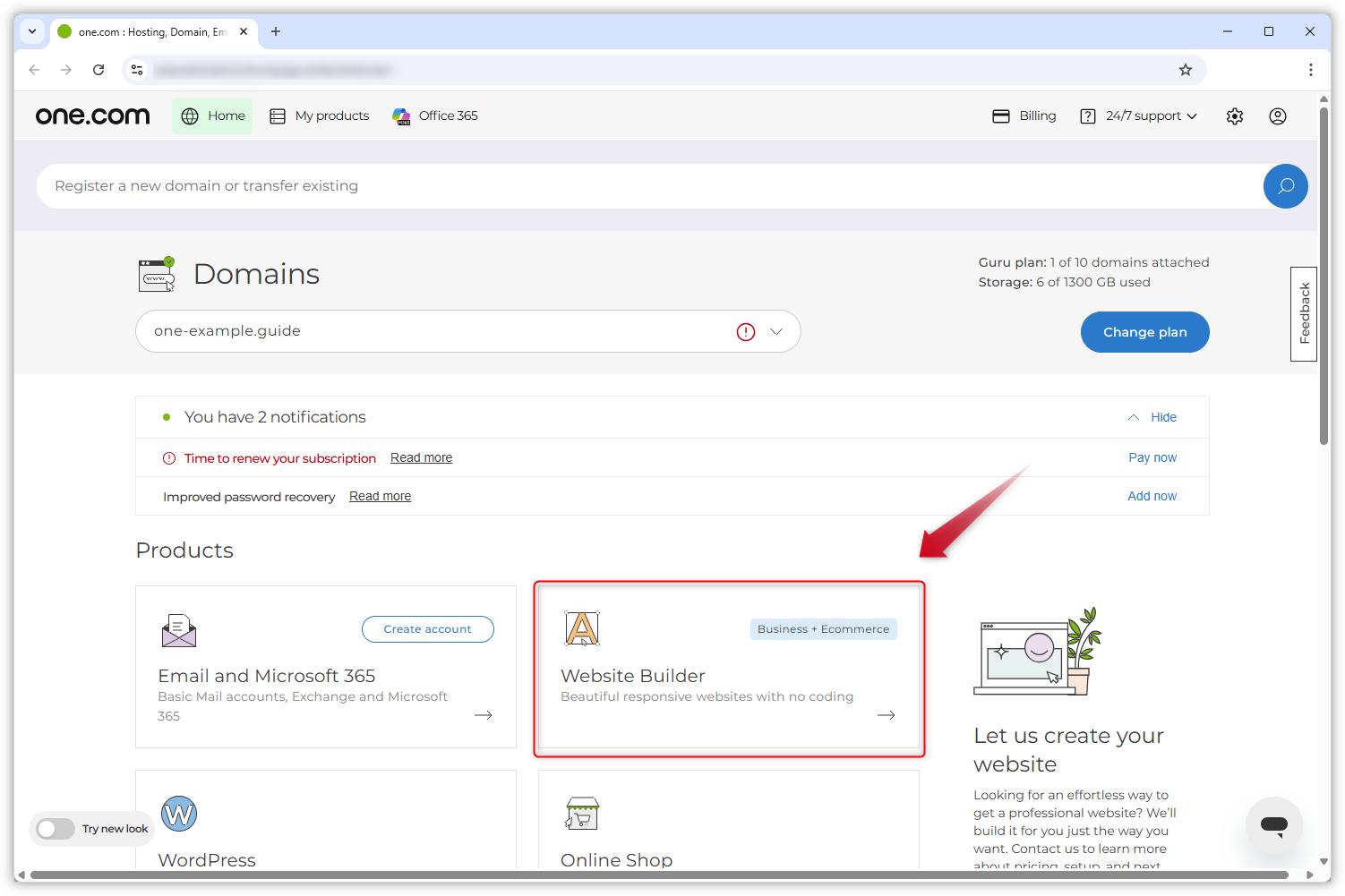 Screenshot che mostra la pagina iniziale del Pannello di controllo. Una freccia rossa indica il riquadro Website Builder.