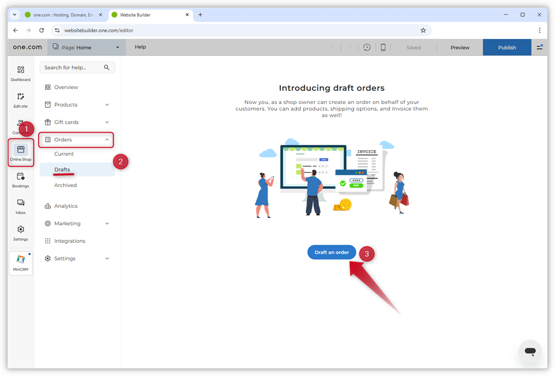 Screenshot of the Online Shop dashboard. Red numbered dots highlight the described steps and a red arrow points to the "Draft an order" button.