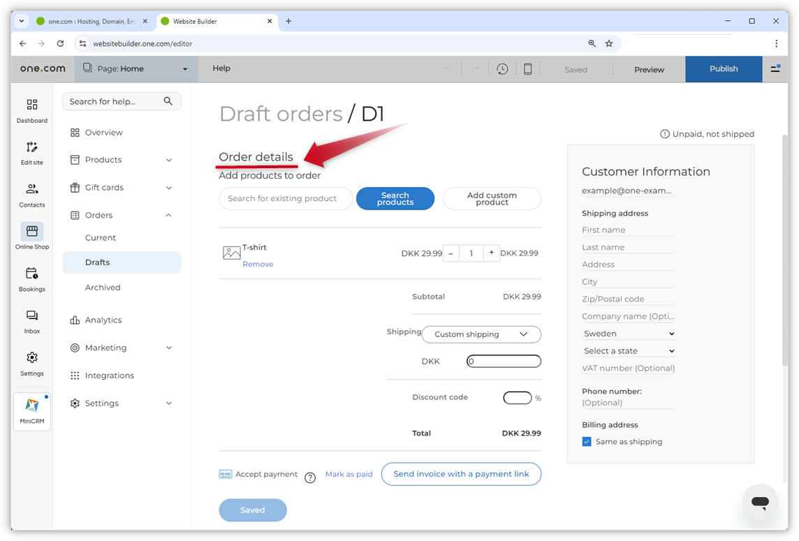 Screenshot of the "Draft orders" page. A red arrow points to the Order details.