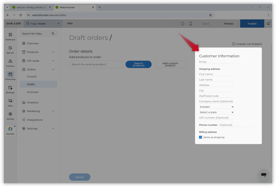 Screenshot of the "Draft orders" page. A red arrow points to the Customer information on the right.