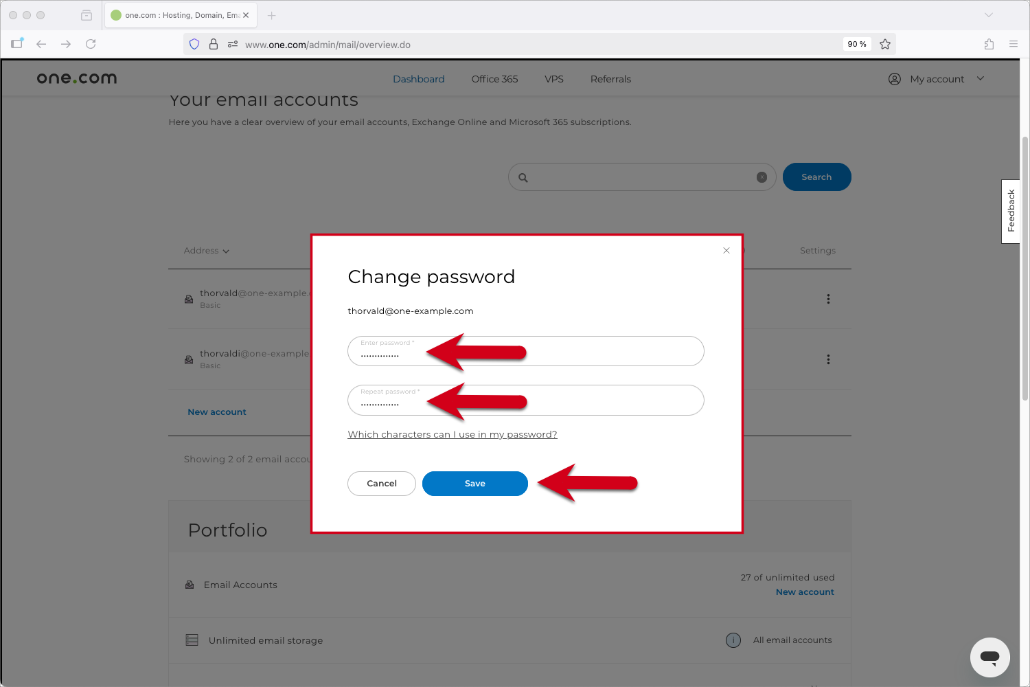 Skärmdump av fönstret Ändra e-postlösenord i Kontrollpanelen på one.com