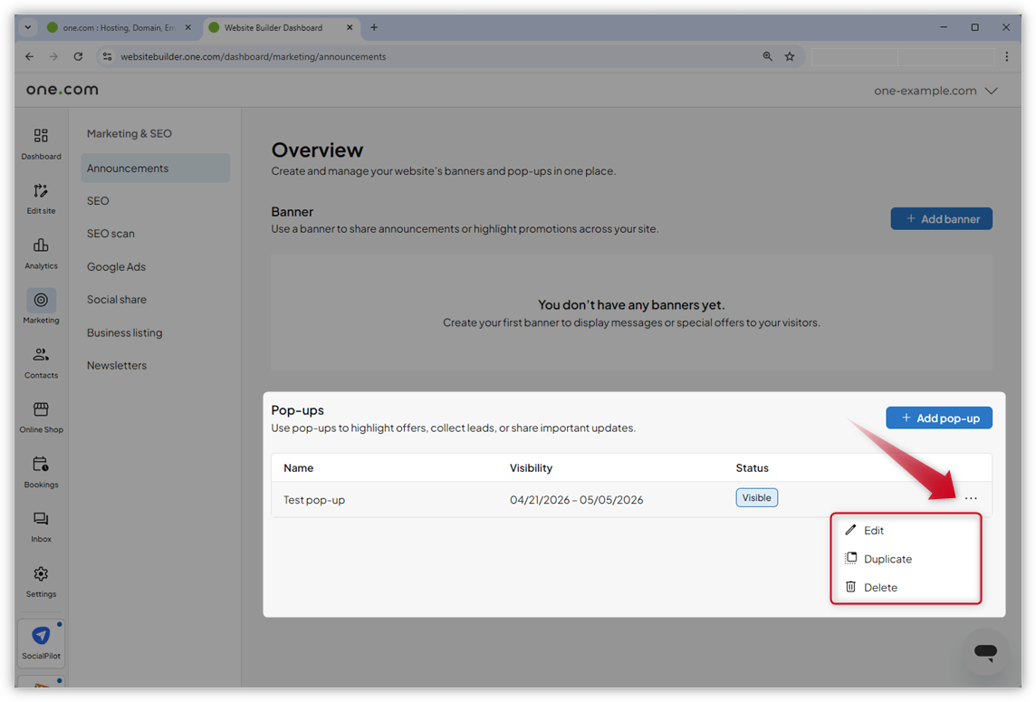 Screenshot of the announcements overview page. A red arrow points to the three dots and the menu to edit, duplicate or delete an announcement is open.