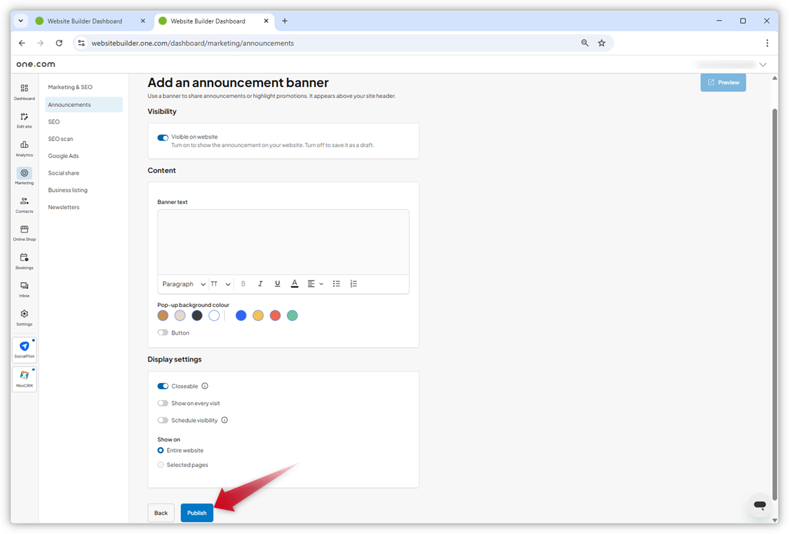 Screenshot of the "Add an announcement banner" page in the Website Builder dashboard. A red arrow points to the "Publish" button.