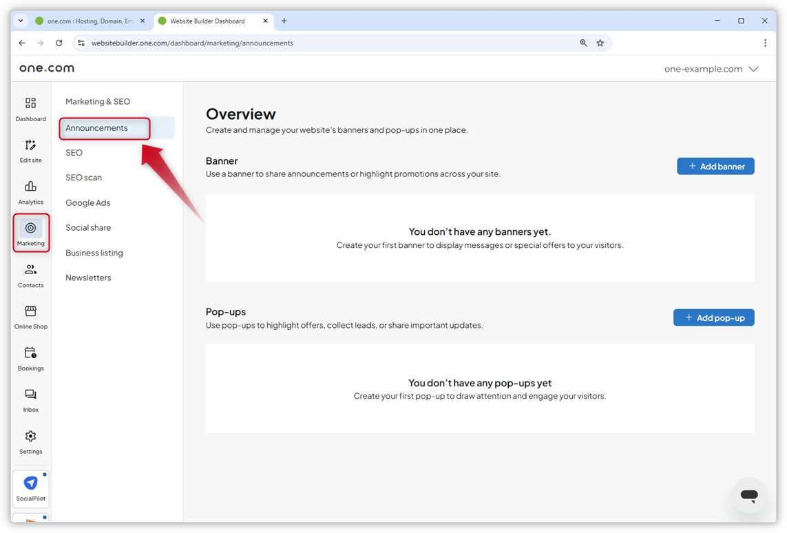 Captura de ecrã do painel de controlo do Website Builder. As secções «Marketing» e «Anúncios» estão destacadas.