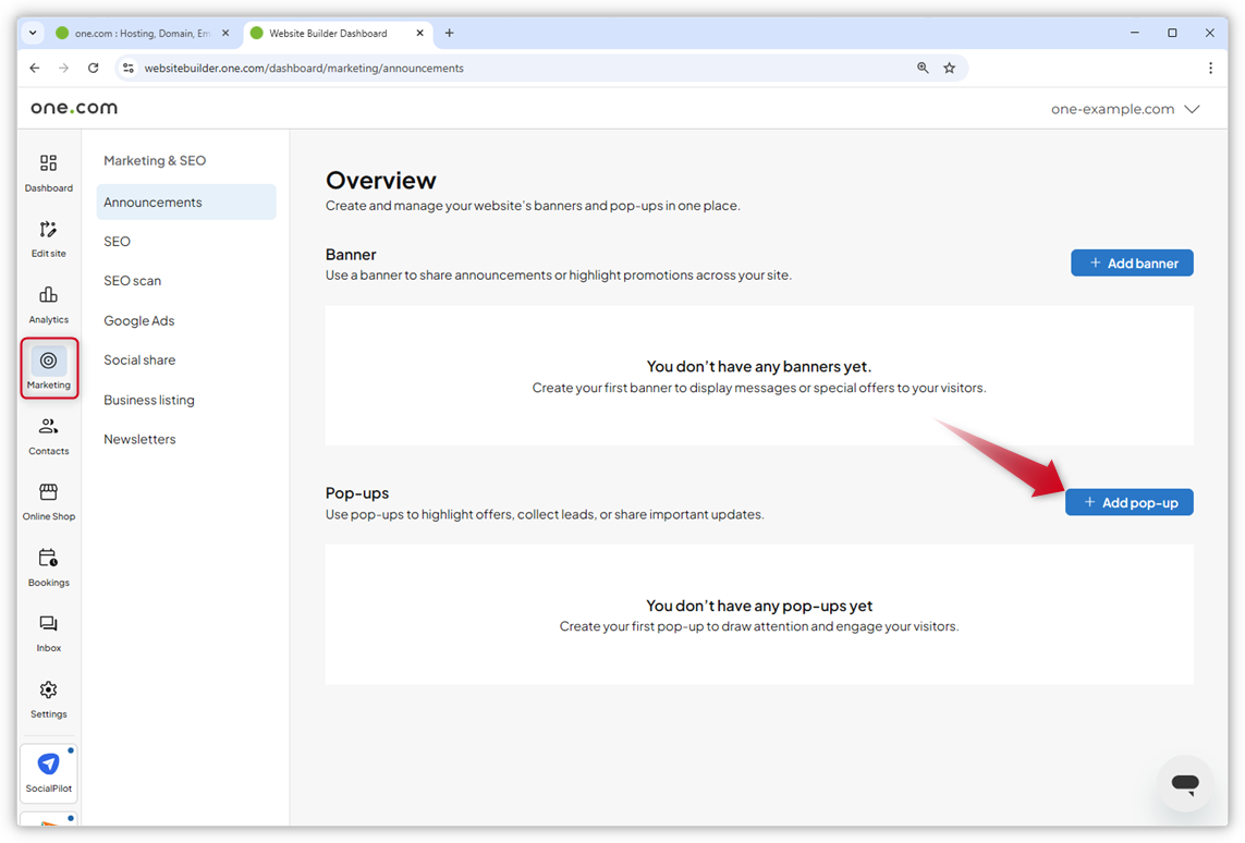 Screenshot der Ankündigungsübersichtsseite. Ein roter Pfeil zeigt auf den Button „Popup hinzufügen“.