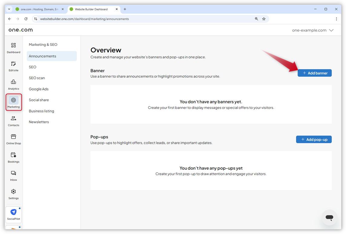 Captura de ecrã da página de resumo dos anúncios. Uma seta vermelha aponta para o botão «Adicionar banner».