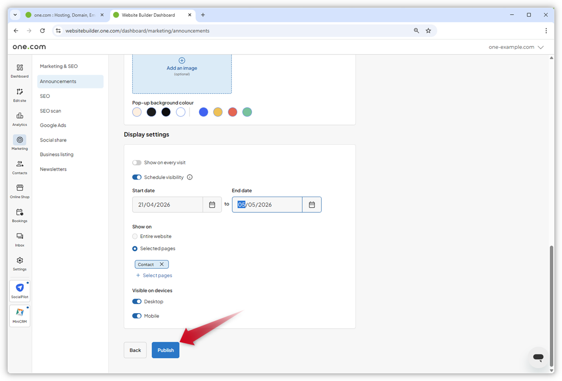 Screenshot des Popup-Editors. Ein roter Pfeil zeigt auf den Button "Veröffentlichen".