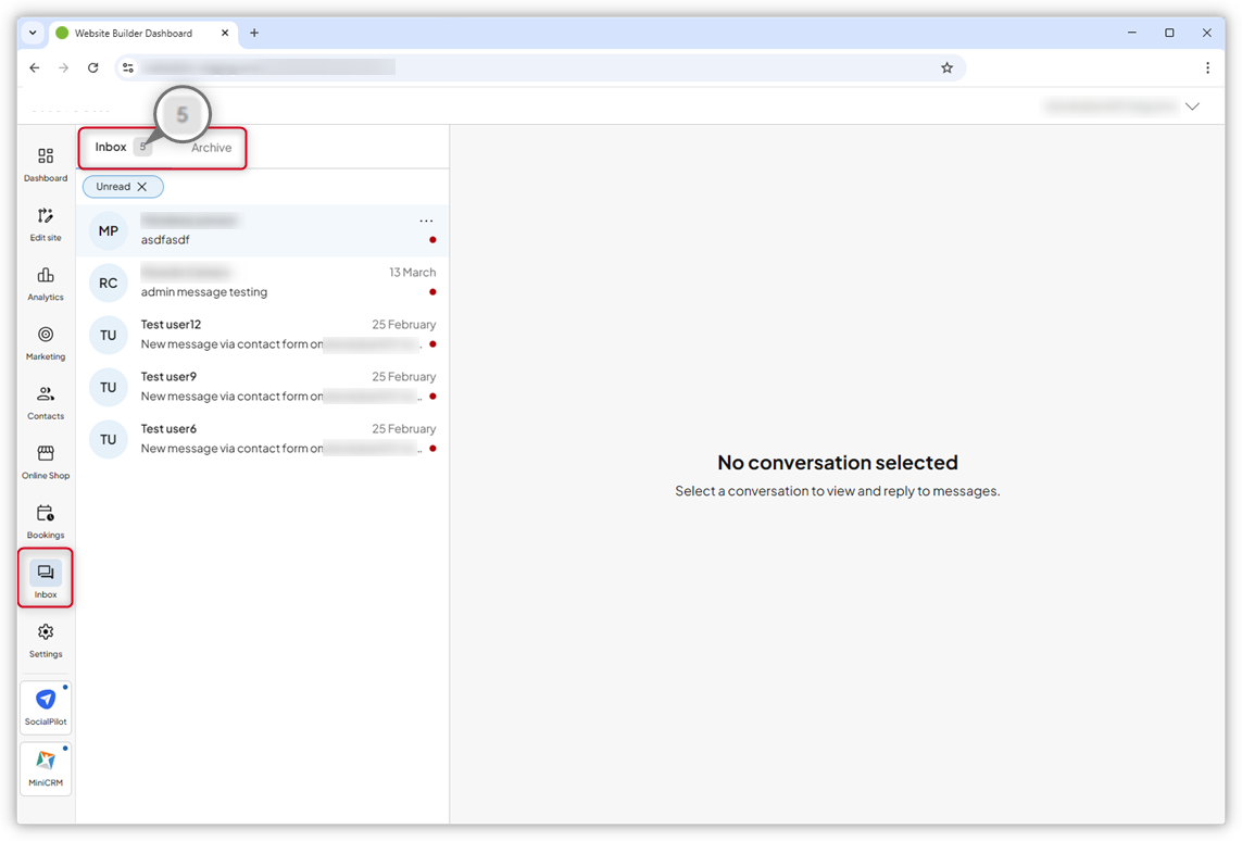 Screenshot della posta in arrivo. Le sezioni Posta in arrivo e Archivio sono evidenziate e una lente di ingrandimento mostra il numero accanto alla scheda Posta in arrivo.