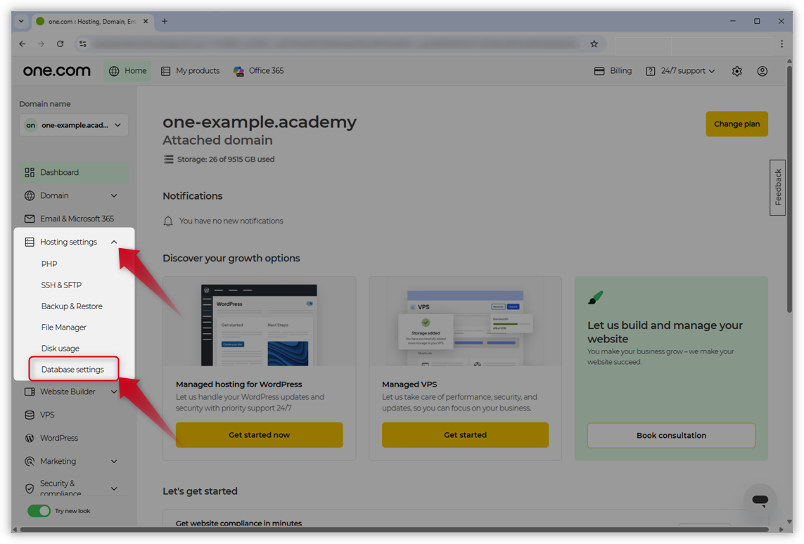 Screenshot of the one.com Control Panel. Database settings under Hosting settings is framed, and an arrow points to it.