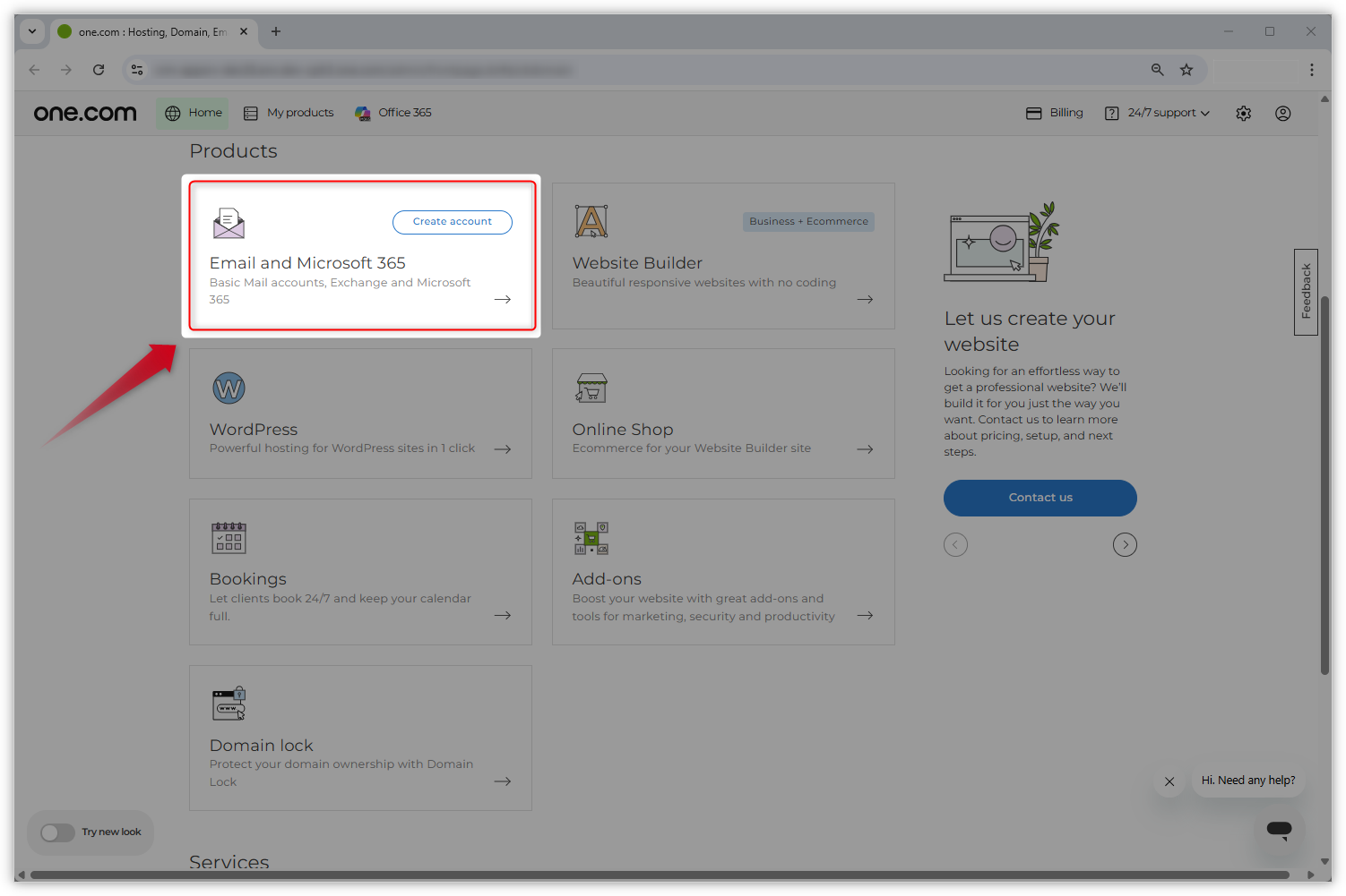 Screenshot of the old Control Panel design. The 'Email and Microsoft 365' tile is highlighted and a red arrow points towards it.