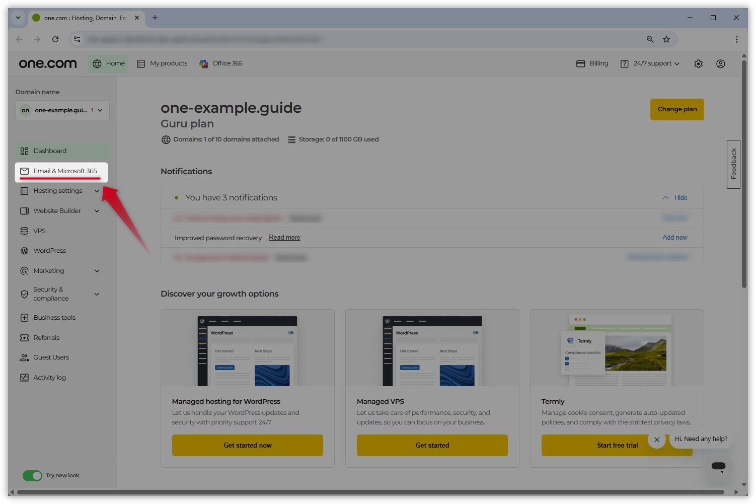 Screenshot of the new Control Panel design. The 'Email and Microsoft 365' tab on the left is highlighted and a red arrow points towards it.