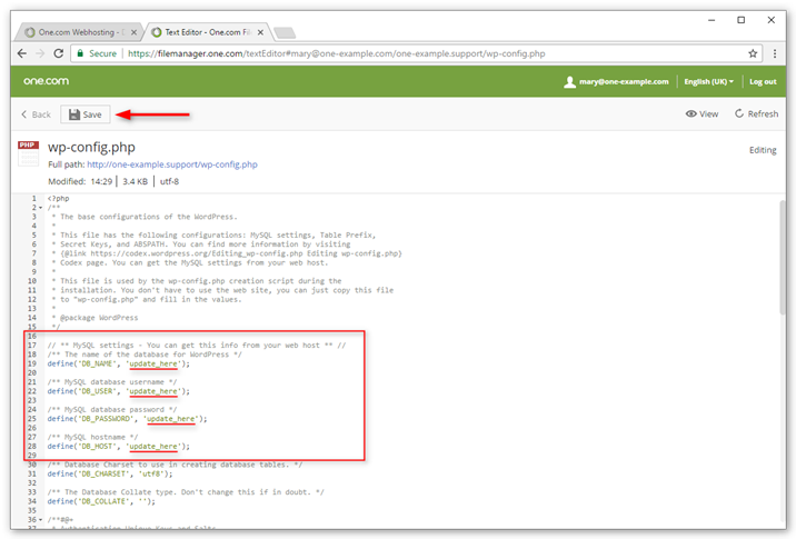 Skärmdump av filen wp-config.php i File Manager.