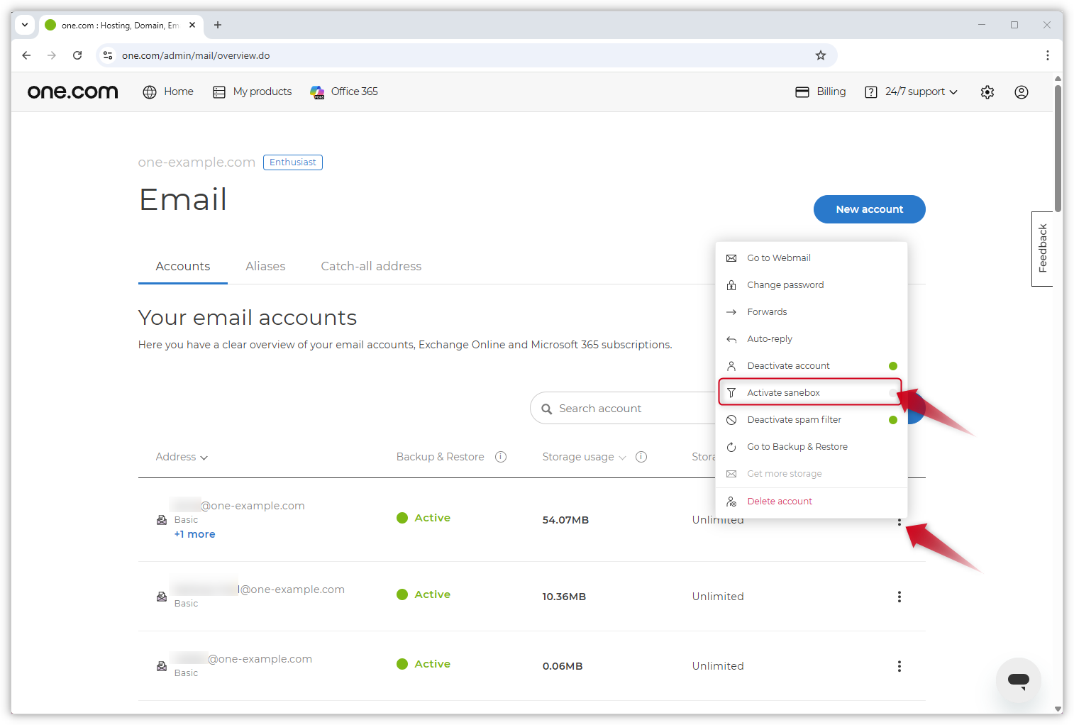della pagina E-mail nel Pannello di controllo. Le frecce rosse indicano tre punti e "Attiva SaneBox".