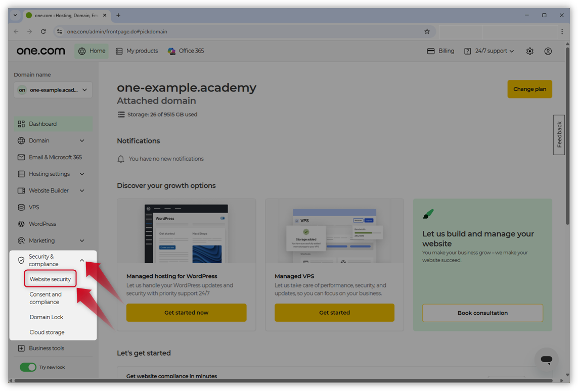 Skjermbilde fra kontrollpanelet på one.com. To røde piler peker til Sikkerhet og overholdelse og Nettsidesikkerhet.