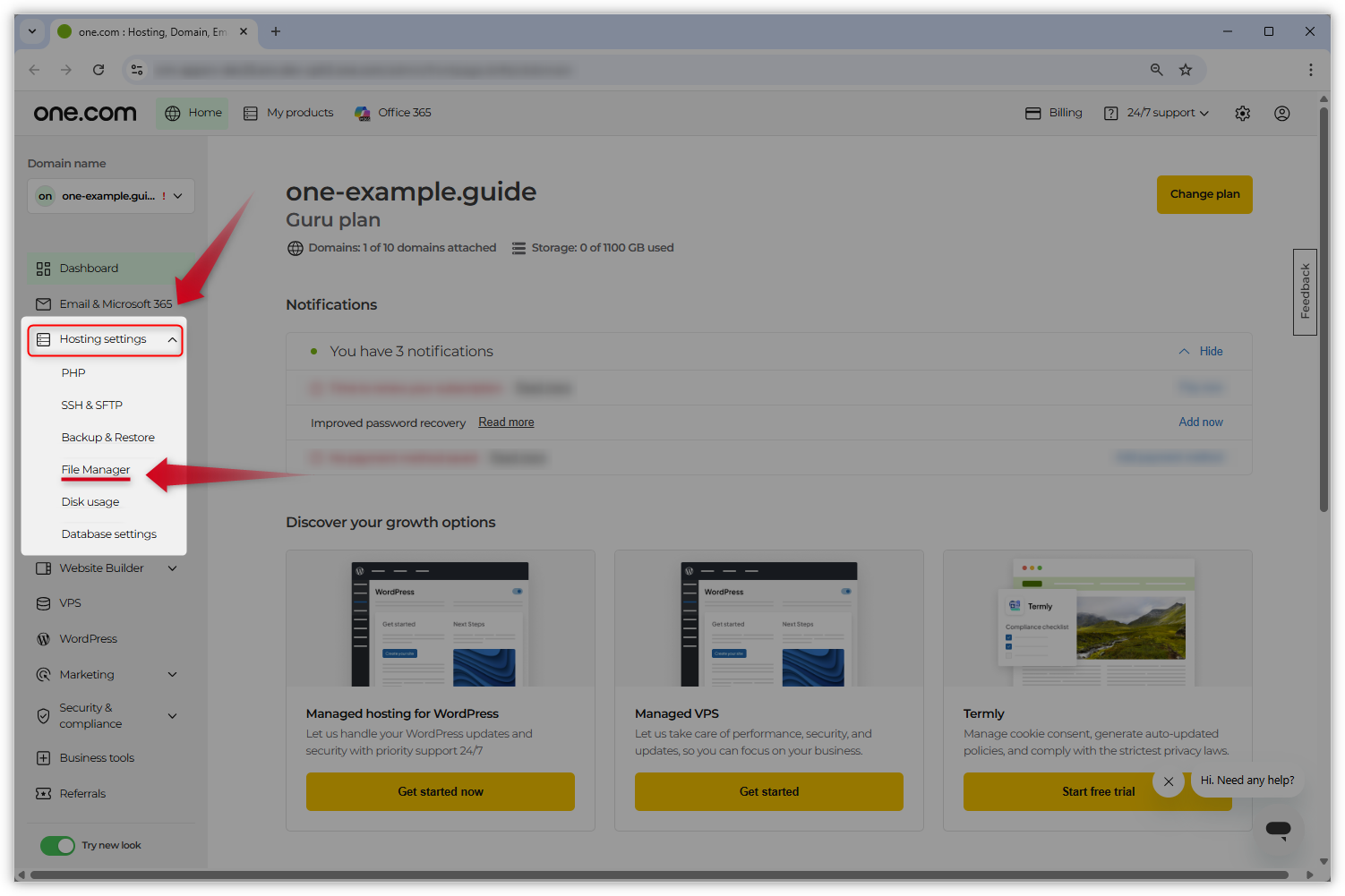 Skjermbilde fra kontrollpanelet. Menyen 'Hosting settings' er åpen og fremhevet, og en rød pil peker til 'File Manager'.
