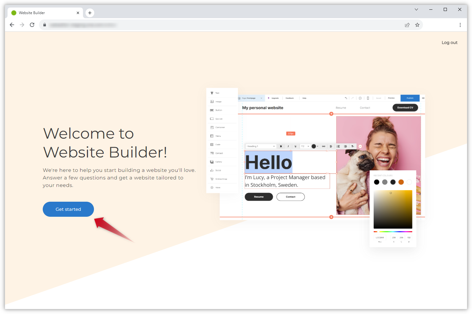Screenshot della pagina di benvenuto del Website Builder. Una freccia rossa indica il pulsante "Inizia".