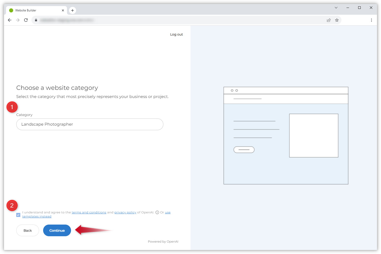 Screenshot che mostra la finestra "Scegli una categoria di siti web".