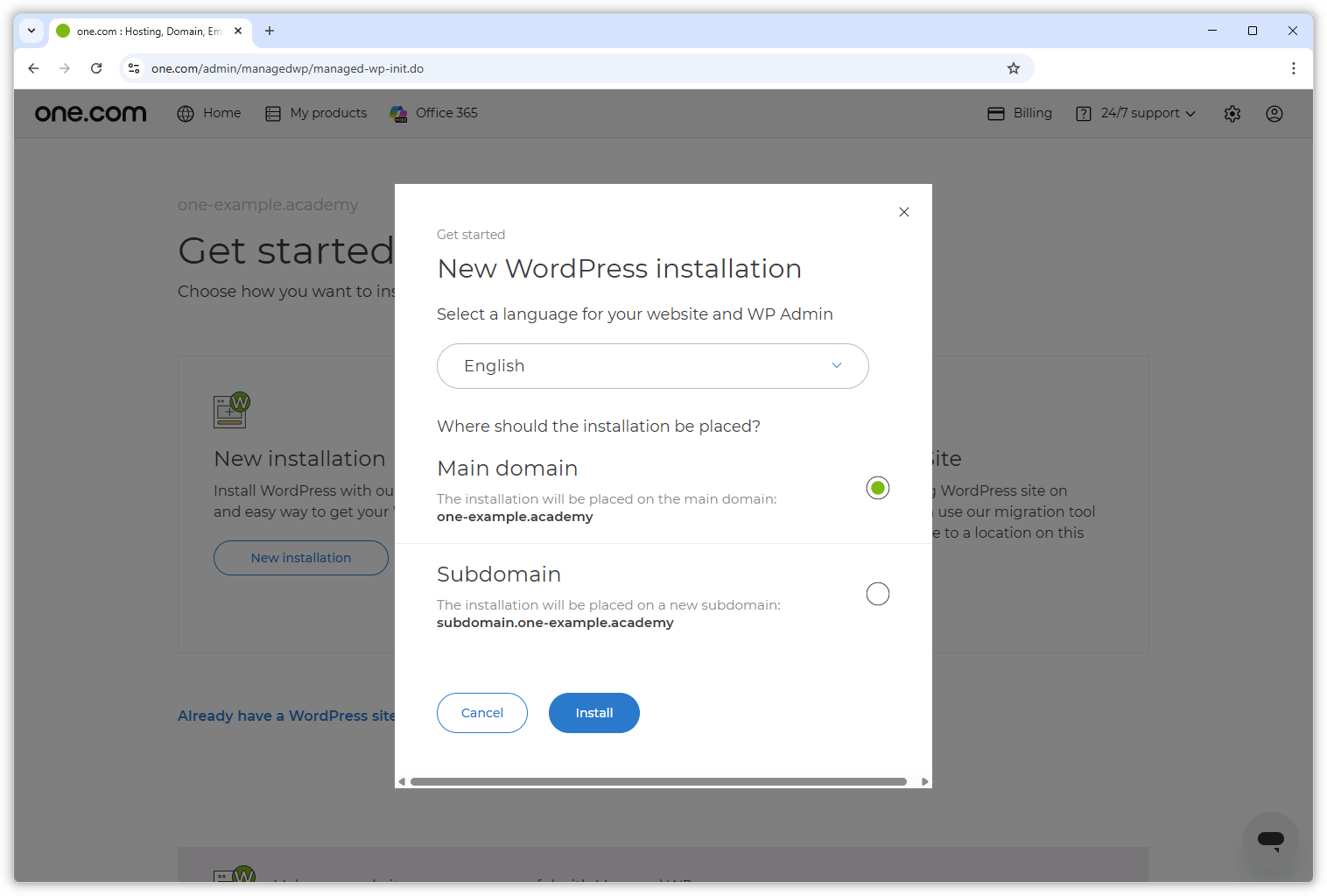 Kuvakaappauksessa näkyy ponnahdusikkuna, jossa voi valita kielen ja asennuksen sijainnin.