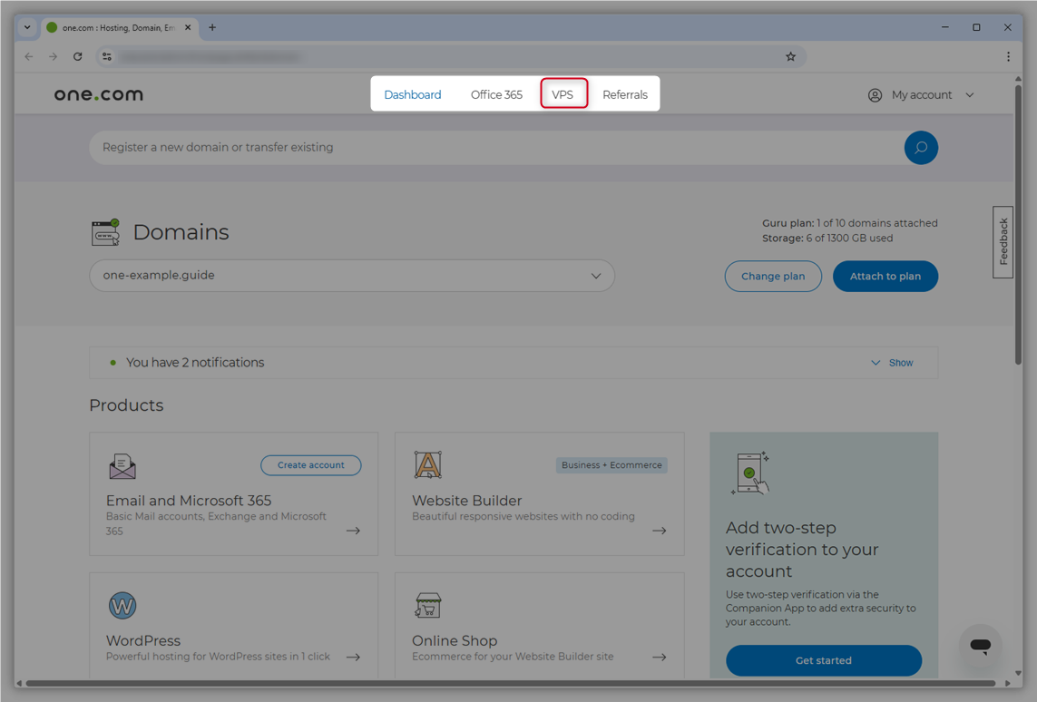 Screenshot del vecchio design del Pannello di controllo. La dicitura "VPS" è evidenziata nell'intestazione.