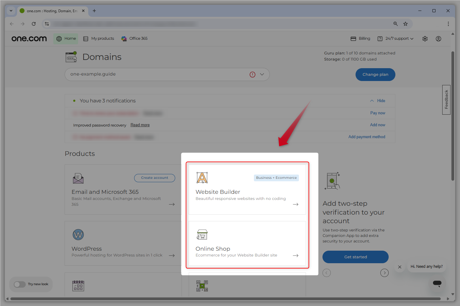 Kuvakaappaus vanhasta Ohjauspaneelin ulkoasusta. ”Website Builder” ja ”Online shop” -ruudut on korostettu ja punainen nuoli osoittaa niitä kohti.