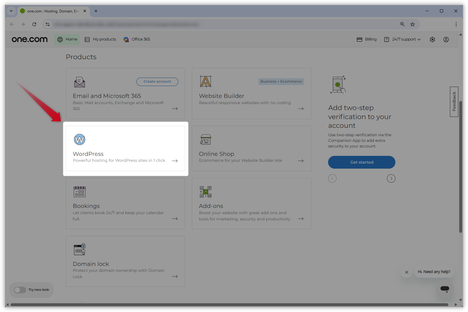 Kuvakaappaus vanhasta Ohjauspaneelin ulkoasusta. ”WordPress”-ruutu on korostettu ja punainen nuoli osoittaa sitä kohti.