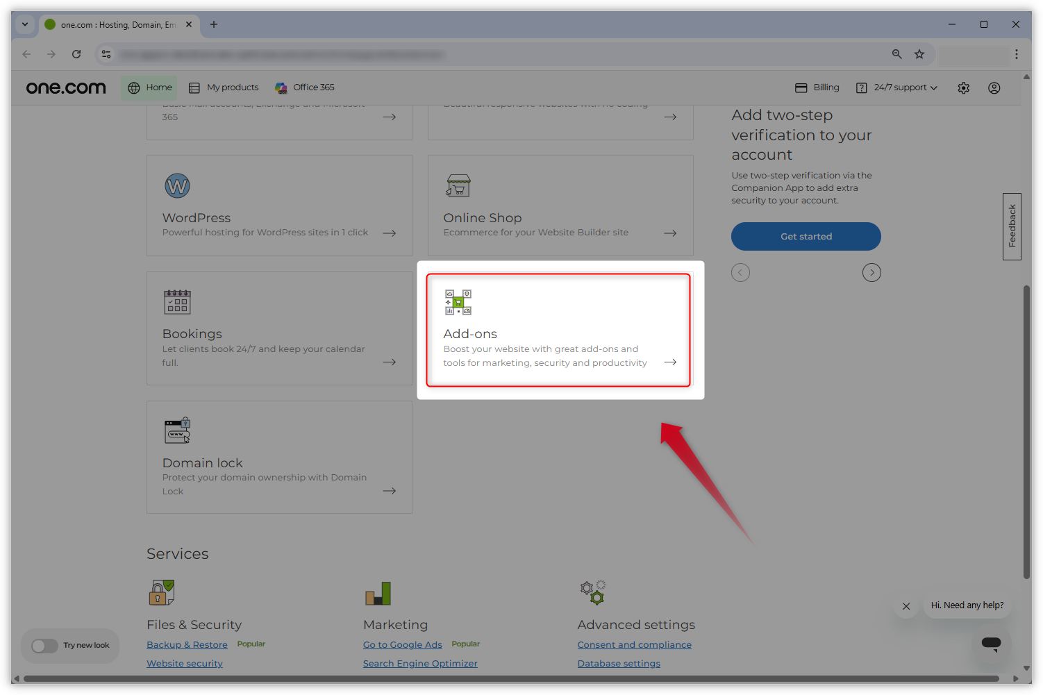 Kuvakaappaus vanhasta Ohjauspaneelin ulkoasusta. ”Lisäosat”-ruutu on korostettu ja punainen nuoli osoittaa sitä kohti.