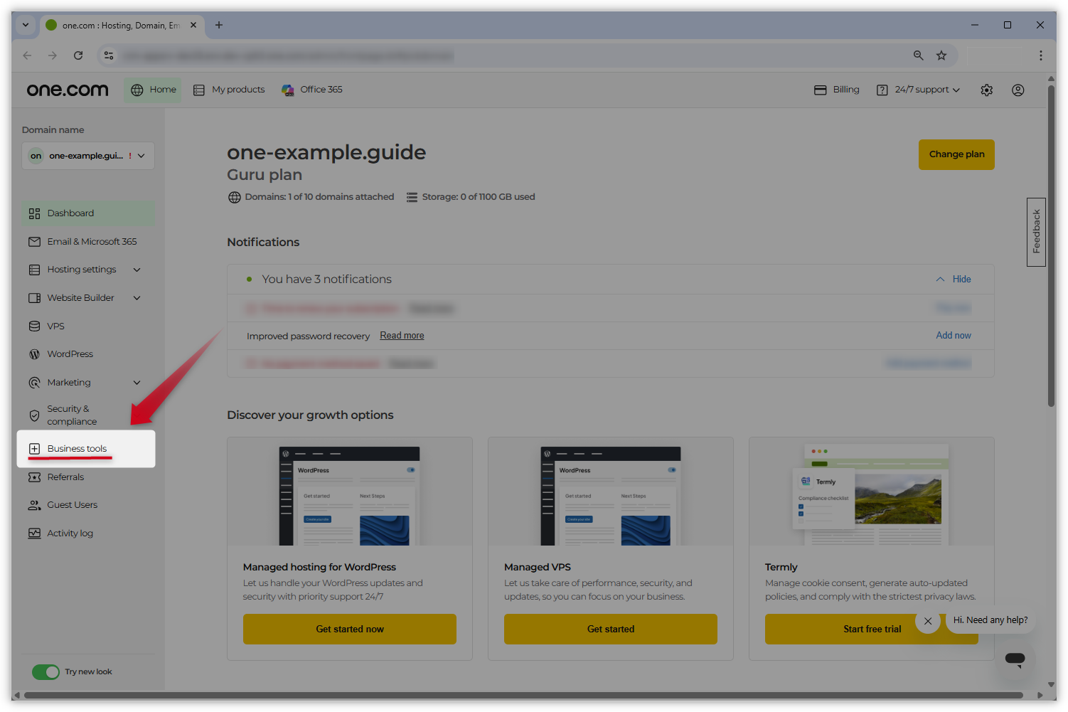 Kuvakaappaus uudesta ohjauspaneelin ulkoasusta. Vasemmalla oleva ”Yritystyökalut”-välilehti on korostettu ja punainen nuoli osoittaa sitä kohti.