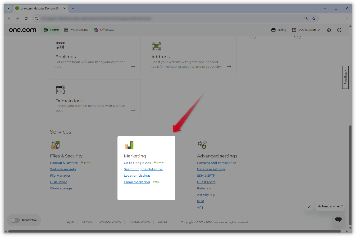 Kuvakaappaus vanhasta Ohjauspaneelin ulkoasusta. ”Markkinointi”-osio on korostettu ja punainen nuoli osoittaa sitä kohti.