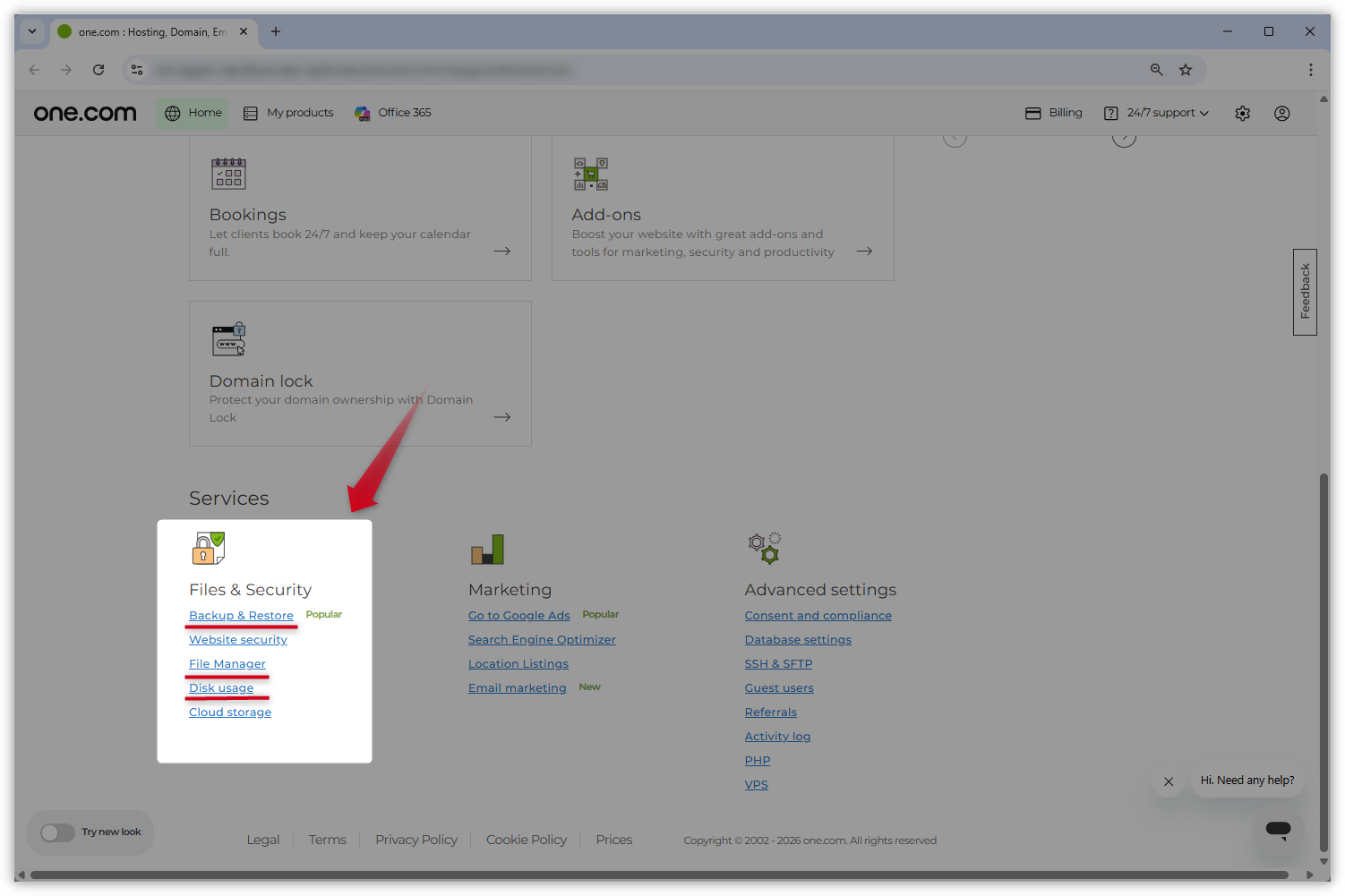 Kuvakaappaus vanhasta Ohjauspaneelin ulkoasusta. ”Tiedostot ja suojaus” -osio on korostettu ja punainen nuoli osoittaa sitä kohti.