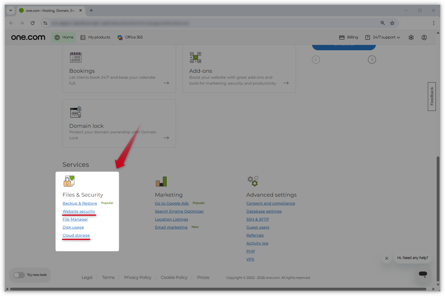 Kuvakaappaus vanhasta Ohjauspaneelin ulkoasusta. ”Tiedostot ja suojaus” -osio on korostettu ja punainen nuoli osoittaa sitä kohti.