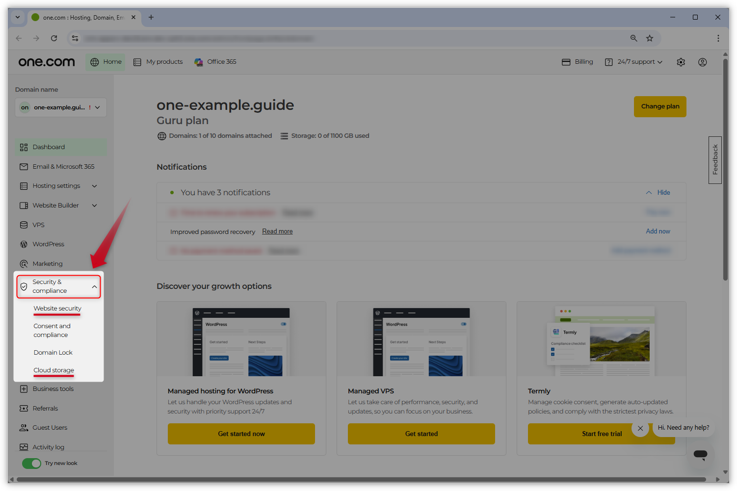 Kuvakaappaus uudesta ohjauspaneelin ulkoasusta. Vasemmalla oleva ”Turvallisuus ja vaatimustenmukaisuus” -välilehti on korostettu ja punainen nuoli osoittaa sitä kohti.