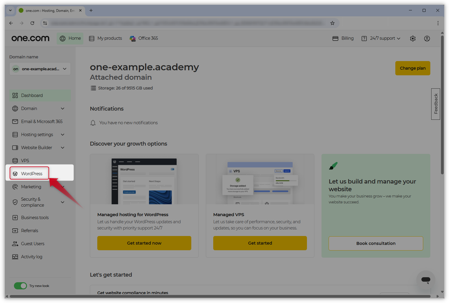 Kuvakaappaus one.com-ohjauspaneelista. Punainen nuoli osoittaa valikossa WordPressiin.