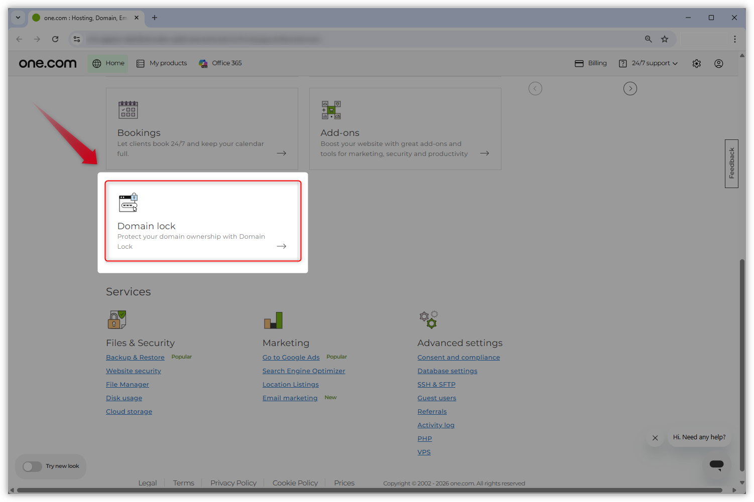 Kuvakaappaus vanhasta Ohjauspaneelin ulkoasusta. ”Domain Lock” -ruutu on korostettu ja punainen nuoli osoittaa sitä kohti.