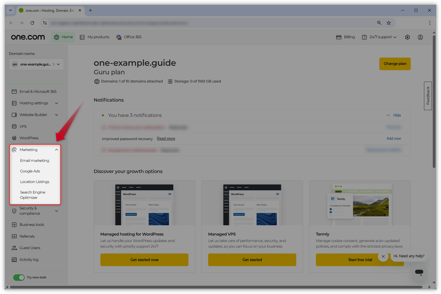 Kuvakaappaus uudesta ohjauspaneelin ulkoasusta. Vasemmalla oleva ”Markkinointi”-välilehti on korostettu ja punainen nuoli osoittaa sitä kohti.