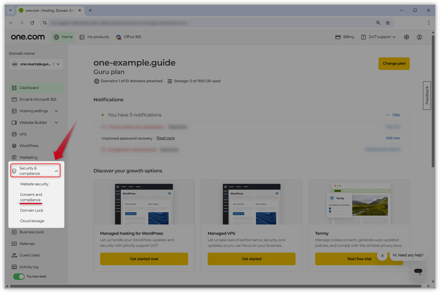 Kuvakaappaus uudesta ohjauspaneelin ulkoasusta. Vasemmalla oleva ”Turvallisuus ja vaatimustenmukaisuus” -välilehti on korostettu ja punainen nuoli osoittaa sitä kohti.