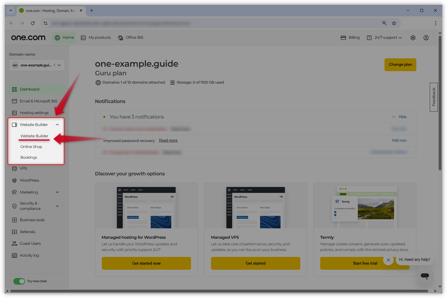 Screenshot mit Kontrollpanel. Die Registerkarte Homepage-Baukasten auf der linken Seite ist hervorgehoben und ein roter Pfeil verweist auf die Option "Homepage-Baukasten" im Menü.