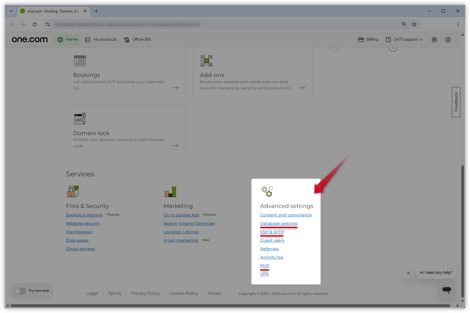 Screenshot des alten Kontrollpanel-Designs. Der Abschnitt "Erweiterte Einstellungen" wird hervorgehoben und ein roter Pfeil zeigt darauf.