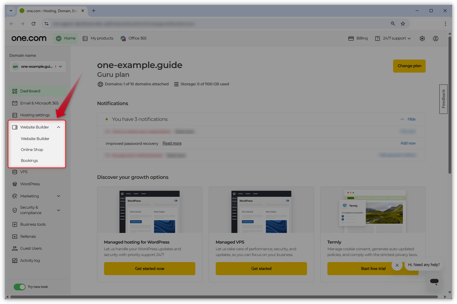 Screenshot des neuen Kontrollpanel-Designs. Die Registerkarte "Homepage-Baukasten" im Menü auf der linken Seite ist hervorgehoben und ein roter Pfeil zeigt darauf.