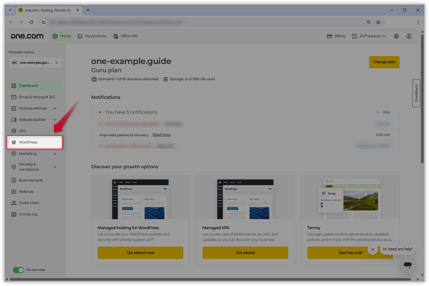 Screenshot des neuen Kontrollpanel-Designs. Die Registerkarte "WordPress" auf der linken Seite ist hervorgehoben und ein roter Pfeil zeigt darauf.
