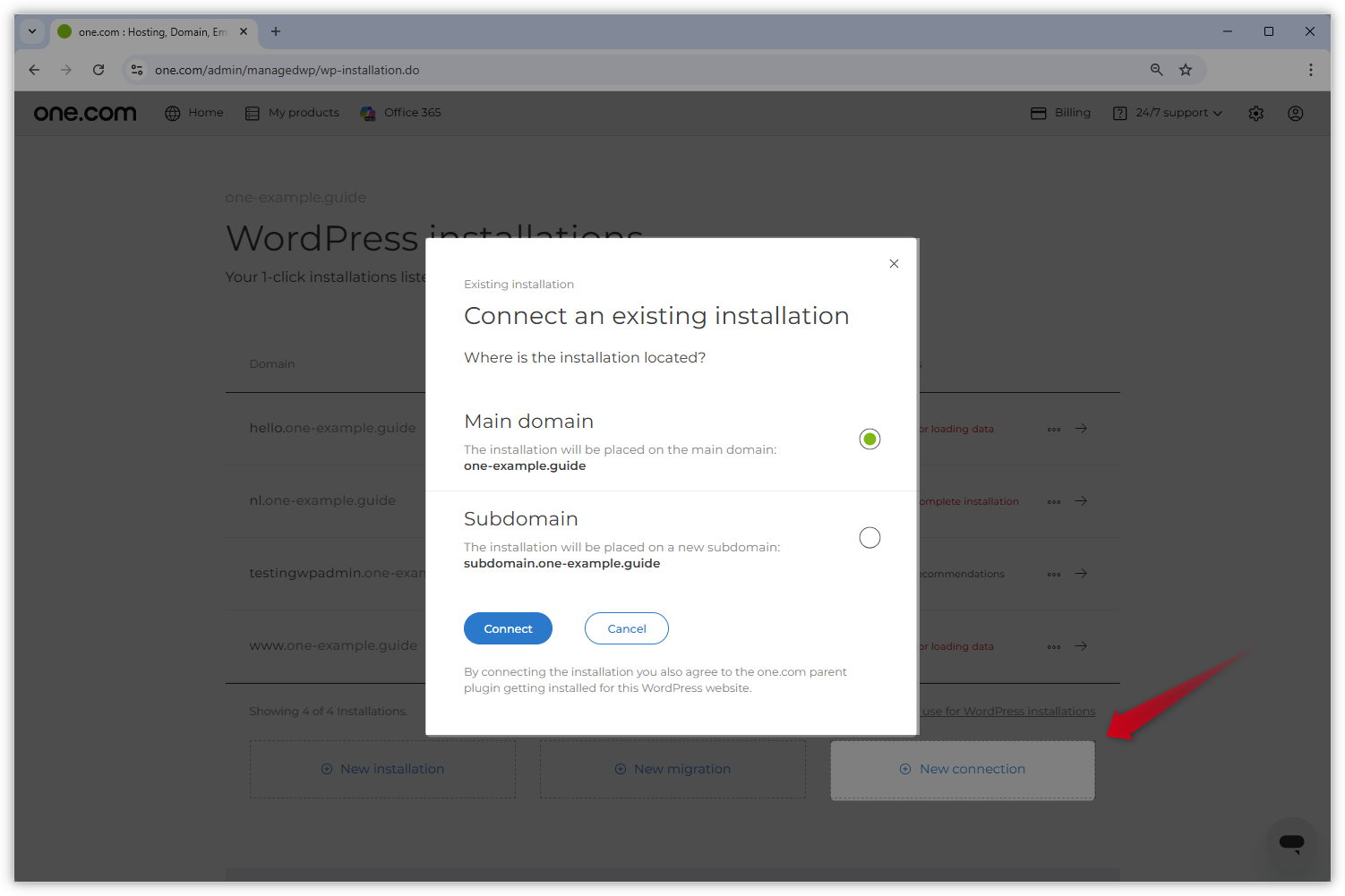Screenshot of the WordPress installation pop-up.