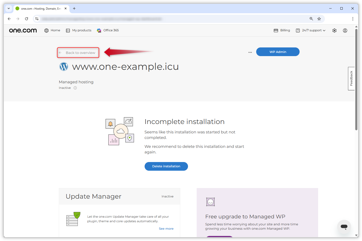 Skärmdump av WordPress-popup-sidan. En röd pil pekar på sidan ”Tillbaka till översikten”.
