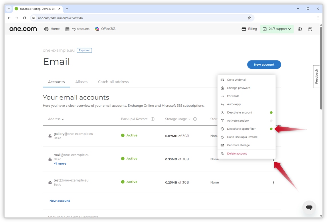 Screenshot of the Email administration page in the Control Panel.