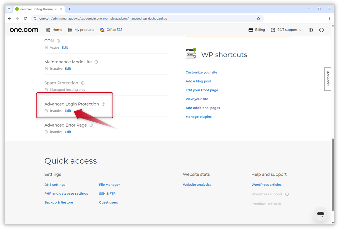 Ecrã do painel do WordPress com uma seta vermelha apontando para "Editar" em "Advanced Login Protection".