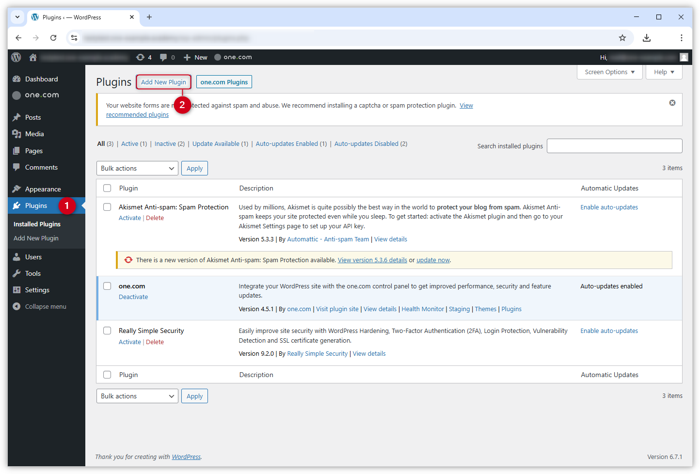 Screenshot van de pagina "Plug-ins" in WP Admin.